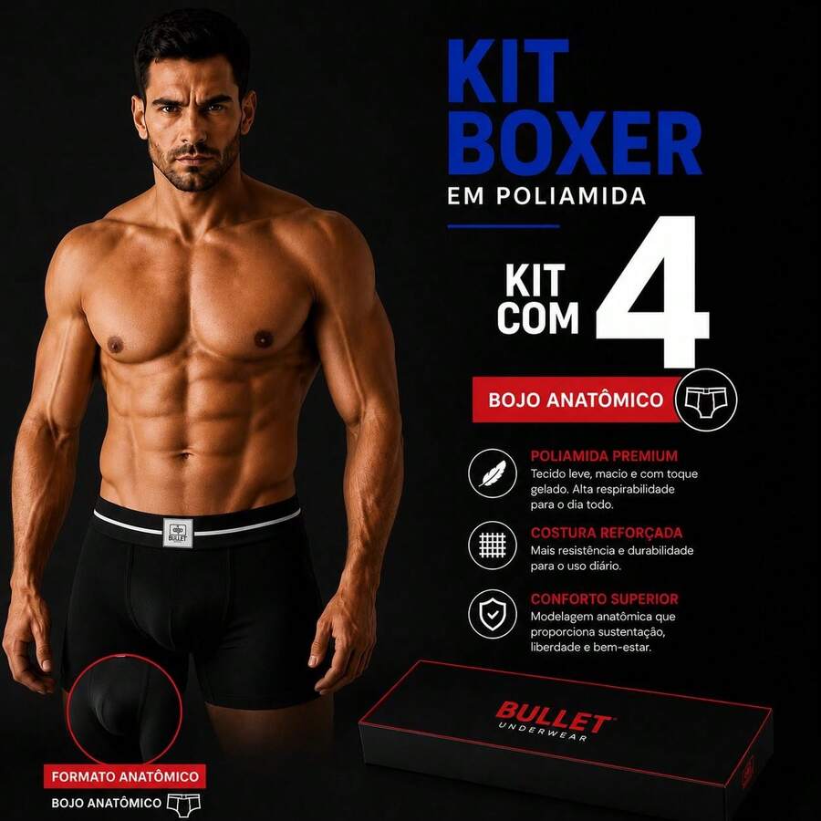 04 Cuecas Boxer em Poliamida Adulto Ajuste Perfeito no Corpo Cueca Box Masculina Valoriza Volume Conforto e Qualidade.