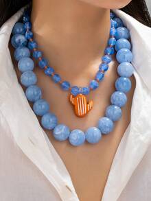 1pc Blue Resin Bead Layered Necklace Set - Light Blue Marble Textured Bead Choker Necklace With Cactus Pendant, Bohemian Summer Fashion Accessory - Multicolor - View 9