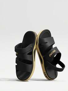 Unisex 2-Way Wearable Slide Sandals, Soft Sole Wear-Resistant Fashion Letter Strap Backstrap Sandals, Beach Outdoor Casual Slides, Indoor Home Bathroom Shower Slippers - Gold - View 3