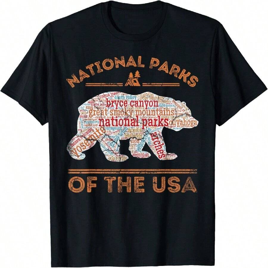 National Parks Bear Hiking Travel Camping Outdoors Retro USA T-Shirt - Black - View 1