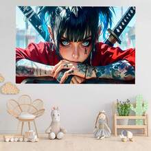 Cyberpunk Samurai Mädchen Hintergrund Stadtstraße Hintergrund Cooles orientalisches Tattoo Dame Porträt Wandbehang Wandteppich Teenager Mädchen Wohnheim Schlafzimmer Wandbanner Anime Stil Cosplay Fotografie Hintergrund Innenraum Heim Wanddekoration Stoff - Verschiedenfarbig - Übersicht 2