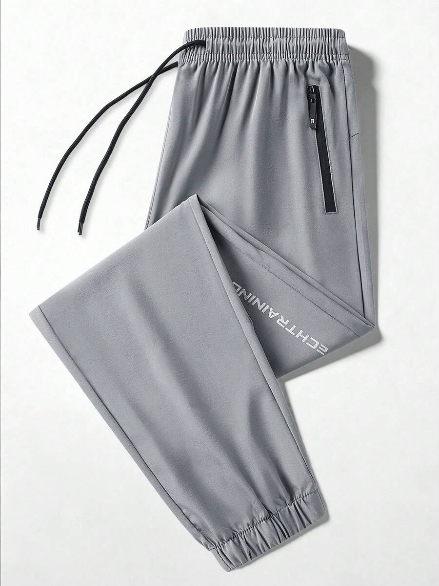 1 pieza Pantalones deportivos para hombre con cordón en la cintura, adecuados para primavera y verano - Gris - Ver 1