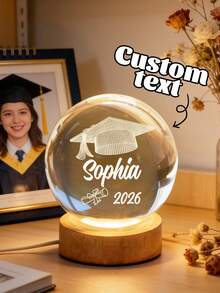 1pc Customized Name Text 3D Laser Engraved Graduation Cap Diploma Crystal Ball Night Light, Natural Wood USB Base, Warm LED Soft Light Graduation Commemorative Gift, University High School Graduate Gift, Dorm Desk Decor, Bedside Atmosphere Lamp, Graduation Party Tabletop Ornament - Multicolor - View 2