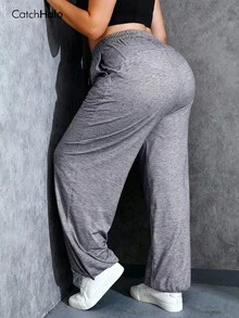 Plus Size Women Loose Casual Pants, Elastic Waistband, Drawstring, Pockets, Soft, Wide Leg, Suitable For Fitness & Yoga Sports Fall - Grey - View 4