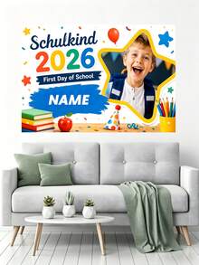 1pc Customizable Photo & Name German 2026 Student Back To School Party Banner Backdrop, Book, Apple, Colored Pencil, Party Hat, Confetti, Star Balloon Design, Suitable For Back To School Party, Holiday Event, Theme Party Background Decoration Photography Banner Vinyl - Type a - View 6