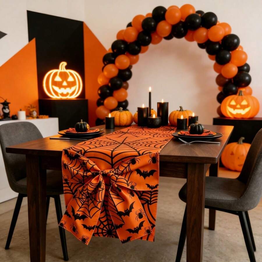 Camino de mesa de Halloween con lazo, telaraña, estampado de murciélagos, camino de mesa largo para comedor, decoración para fiestas navideñas en el hogar. - Naranja - Ver 1