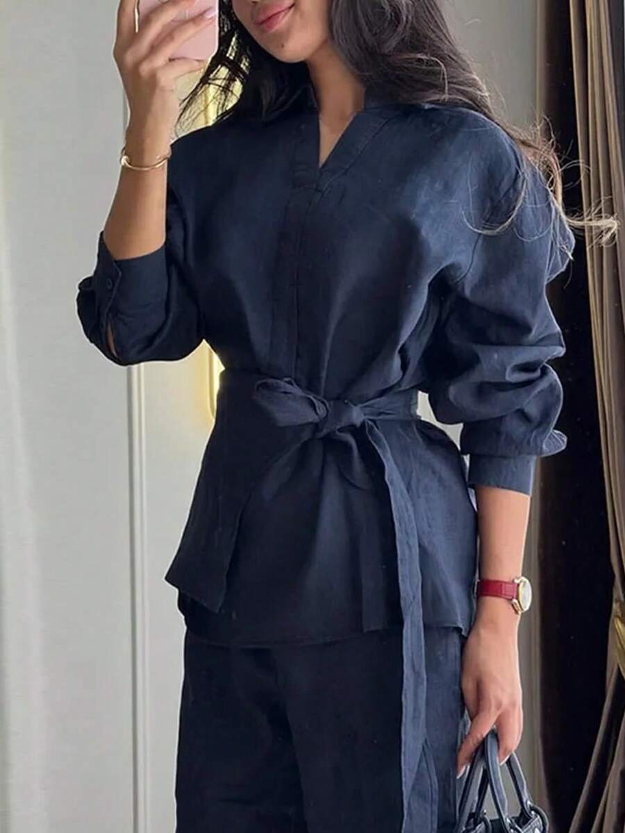 Women's Casual Commute Lapel Long Sleeve Tie Waist Top & Loose Wide Leg Pants 2 Pieces Set, Solid Color Pocket Button Tie Daily Date