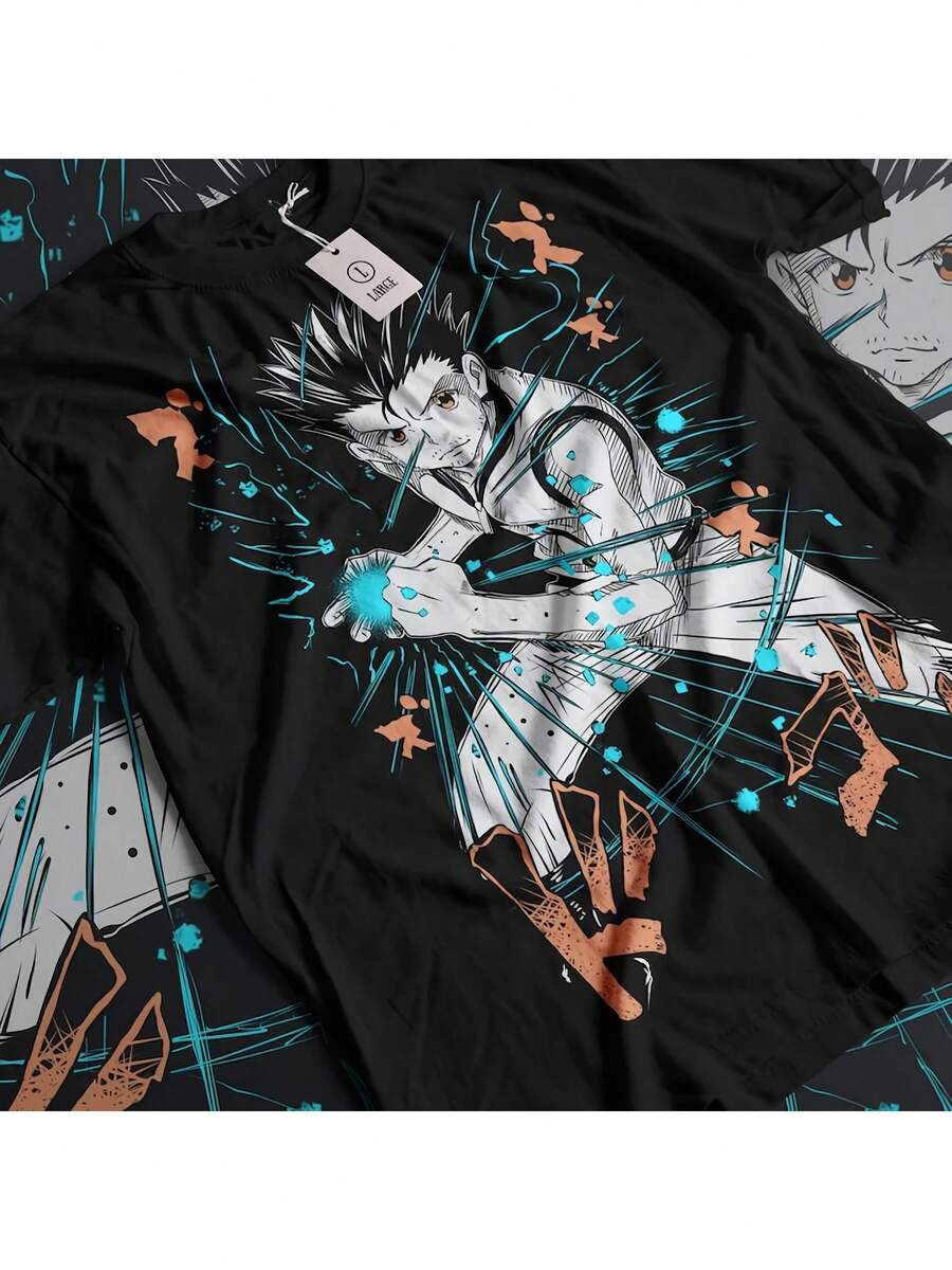 Anime Manga T-Shirt With Vintage Print - Manga Character Graphic For Men And Women, Crew Neck, Short Sleeve Cotton, Perfect For Summer, Travel, Beach And Festivals, T-Shirt - 黑色 - 查看 1