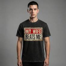 Short-Sleeved Cotton T-Shirt, Funny T-Shirt With The Phrase "My Wife Hits Me", Husband T-Shirts With The American Flag, Men's T-Shirt. - 黑色 - 查看 3