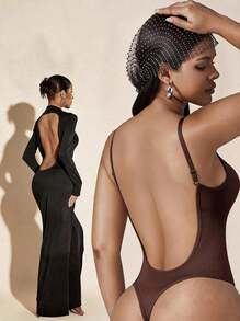 1pc Women's Seamless Backless Bodysuit With Tummy Control - Brown - View 1