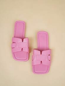 2026 Summer New Women's Square Toe Open Toe H-Strap Sandals, Soft Sole Mule Sandals, Vacation Style Women's Summer Sandals, Comfortable Women's Sandals, Slouchy Slip-On Women's Sandals, Fashionable Cute Women's Flat Sandals, Women's Vacation Sandals, Women's Pink Sandals, Elegant Women's Sandals, Simple Comfortable Daily Casual Flat Beach Shoes, Soft Sole Plus Size Women's Beach Sandals - Pink - View 2