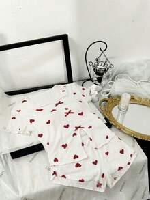 Red Heart Pattern Floral Print Ear Cover Bow Decor Short Sleeve Set, Sweet And Cute, Short Sleeve Shorts Pajama Set - White - View 3