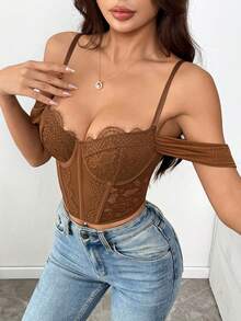 RAHQ Sheer Floral Lace Bustier, Y2K Hot Weather Crop Top For Urban Daily OOTD - Brown - View 4