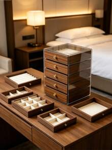 5 Drawer/Extra Large 5-Layer Wood Grain Jewelry Storage Box, Transparent Acrylic Top Cover Jewelry Organizer, Suitable For Earrings, Rings, Necklaces - Coffee Brown - View 7