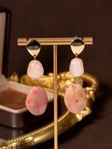 1 par de pendientes largos elegantes y personalizados con cuentas de piedra sintética, diseño geométrico asimétrico en forma de lágrima de metal, estilo vintage de moda, adecuados para uso diario, regalo y vacaciones - Rosa coral - Ver 1