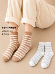 CLIMPRESSION Unisex Striped Plush Mid-Calf Socks, Neutral Fine Striped Coral Fleece Fluffy Home Socks, Soft Warm Winter Comfortable Sleep & Leisure Socks - Multicolor - View 11