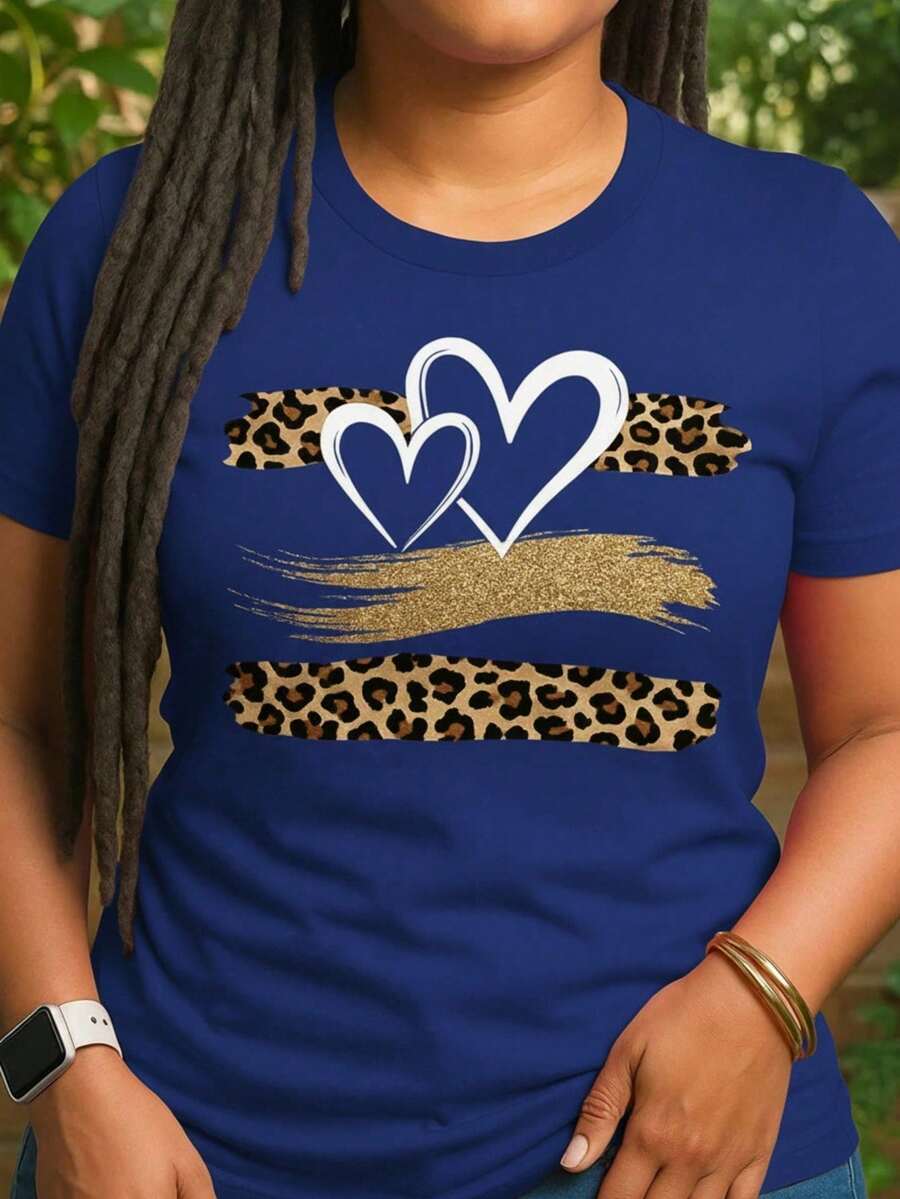 Women's Graphic T-Shirt, Short Sleeve, Round Neck, Basic, Comfortable, Cool, Lightweight, Heart Print, Stripes, Animal Print, Leopard, Glitter, Modern, Youthful, Feminine - 皇家藍 - 查看 1