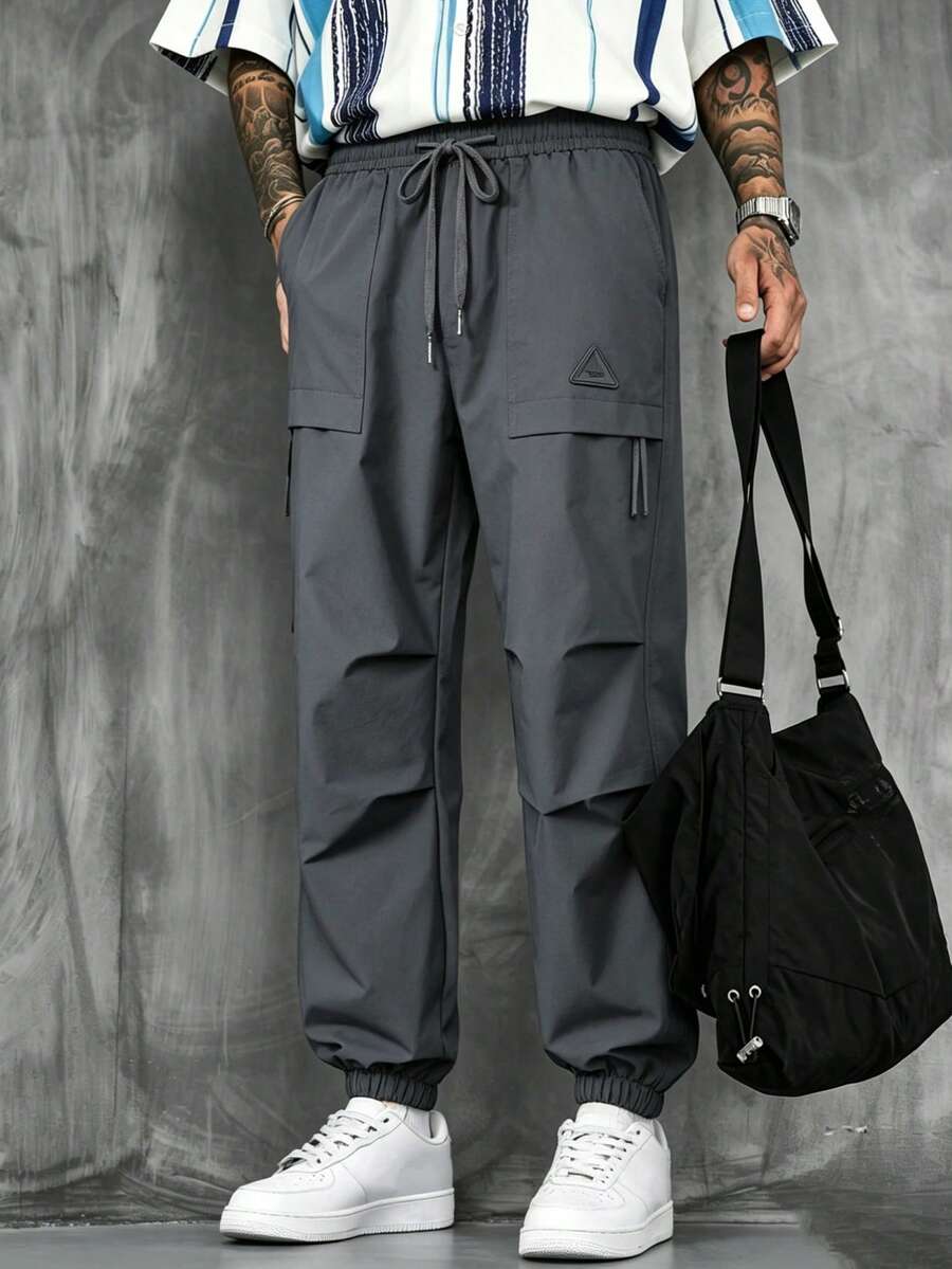 Pantalones cargo casuales para hombre con cintura con cordón y puños - Gris Oscuro - Ver 1