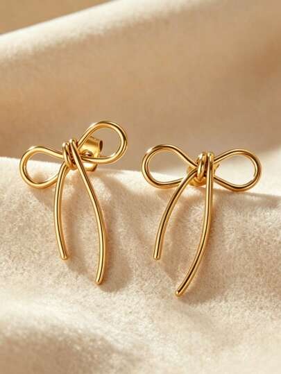 YUNCHUN 1 Pasang Anting Tusuk Simpul Pita Emas Stainless Steel, Anting Simpul Pita Garis Logam Halus Minimalis, Anting Simpul Pita Manis Serbaguna untuk Wanita untuk Sehari-hari