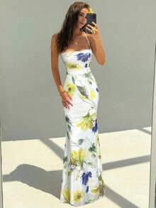 Elegant Women's Dress With Floral Print And Open Back, Summer Clothes, Beach Outfits For Women, Beach Vacation Clothes, Party Outfits, Bridesmaids - 青檸色 - 查看 6