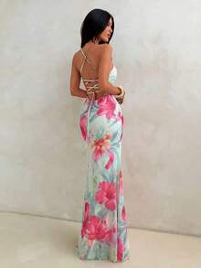 Elegant Women's Dress With Floral Print And Open Back, Summer Clothes, Beach Outfits For Women, Beach Vacation Clothes, Party Outfits, Bridesmaids - 珊瑚粉 - 查看 9