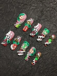 10-Piece 3.3cm Square Hand-Pulled Pressed Nail Stickers. Pure Handcrafted Zebra Pattern Curl. Apple, Metal Spider, Transparent Diamond Design Nail Care Products. Can Be Given As A Gift To Your Girlfriend As A Set Of Nail Tools. - Multicolor - View 3
