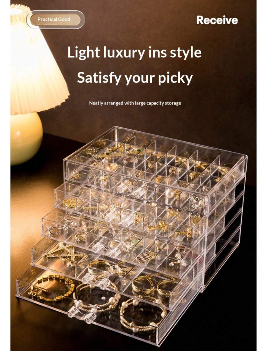 1pc 5 Layer Clear Acrylic Jewelry Storage Box Multi Grid Divided Drawer Organizer Dustproof Stackable Earring Ring Bracelet Necklace Display Case Large Capacity Jewelry Holder For Women