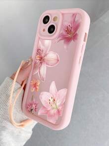 1 pieza Funda de teléfono TPU con patrón minimalista de lirio rosa a prueba de caídas compatible con la serie de teléfonos Apple, correa de muñeca de silicona adicional compatible con iPhone 16Pro Max/15plus/14/13/12/11/8P/XSMAX y Galaxy S24 Ultra/S23FE/S22/S21/S20/A52S/A15/A03 - Multicolor - Ver 2