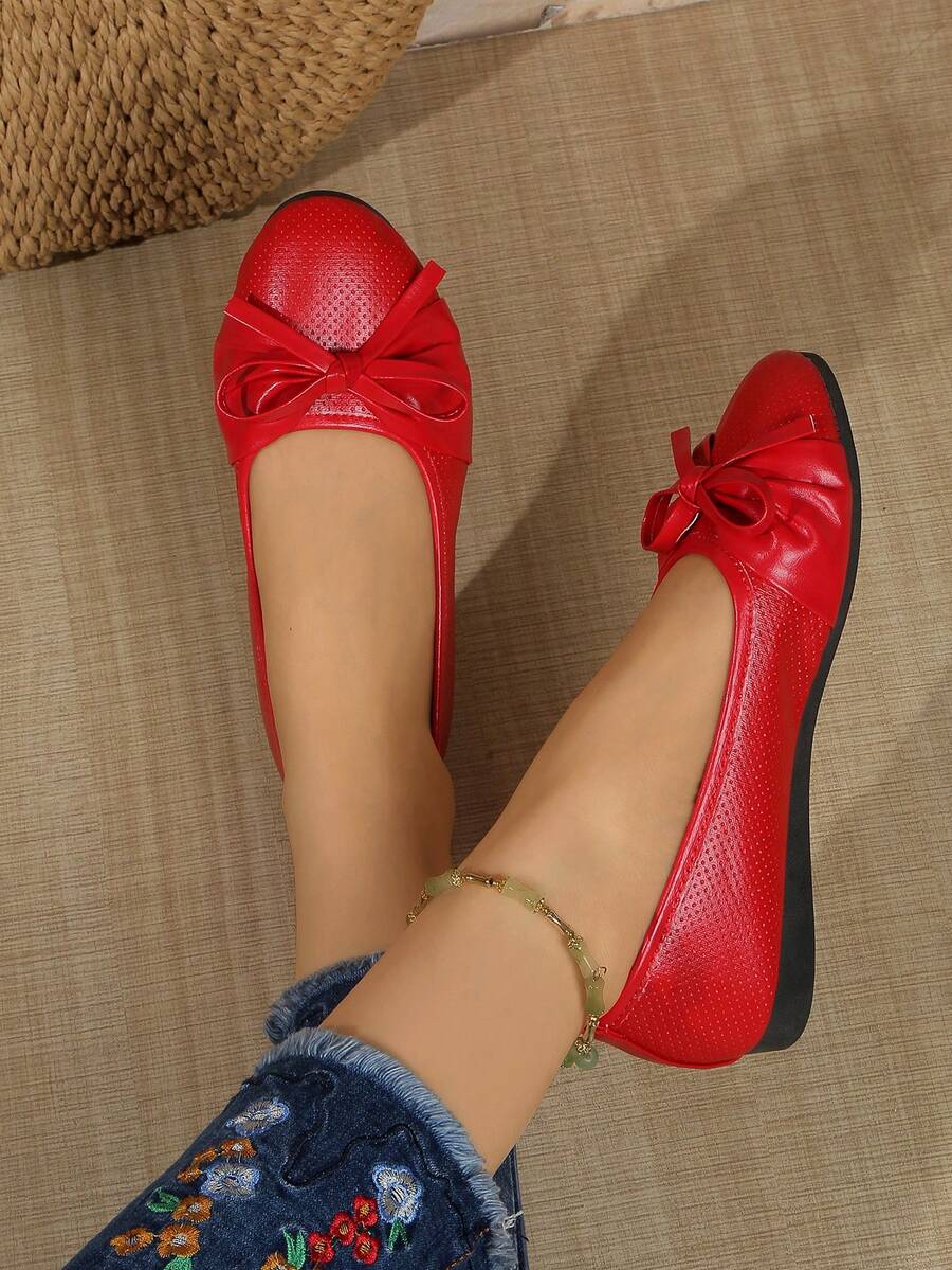 Modische neue Nischen-Design bequeme vielseitige Schleifen-Dekor atmungsaktive Leder Slip-On Loafer für den täglichen Arbeitsweg und Büroalltag mit runder Zehenpartie und flacher Sohle für Frauen - Rot - Übersicht 1