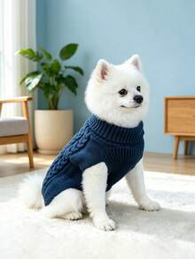 1pc High Elasticity Dog Sweater, Soft Knitted High Neck Pet Winter Clothing, Classic Cable Knit Puppy Pullover, Suitable For Small, Medium And Large Dogs - Navy Blue - View 8