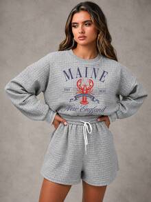 Women's Plus Size 2-Piece Set - Autumn Loose Waffle Knit Sweatshirt And Elastic Waist Shorts - Home Casual Daily Wear Elegant - Grey - View 4