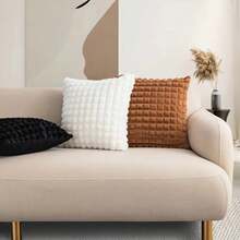 2Pcs Luxury 3D Bubble Grid Faux Rabbit Fur Throw Pillow Covers, Ultra Soft Fluffy Plush Square Cushion Cases Hidden Zipper Design, Decorative Pillowcases For Sofa Couch Bed Car Farmhouse Home Decor, Assorted Sizes 17x17inch And 12x20inch - Pink - View 5