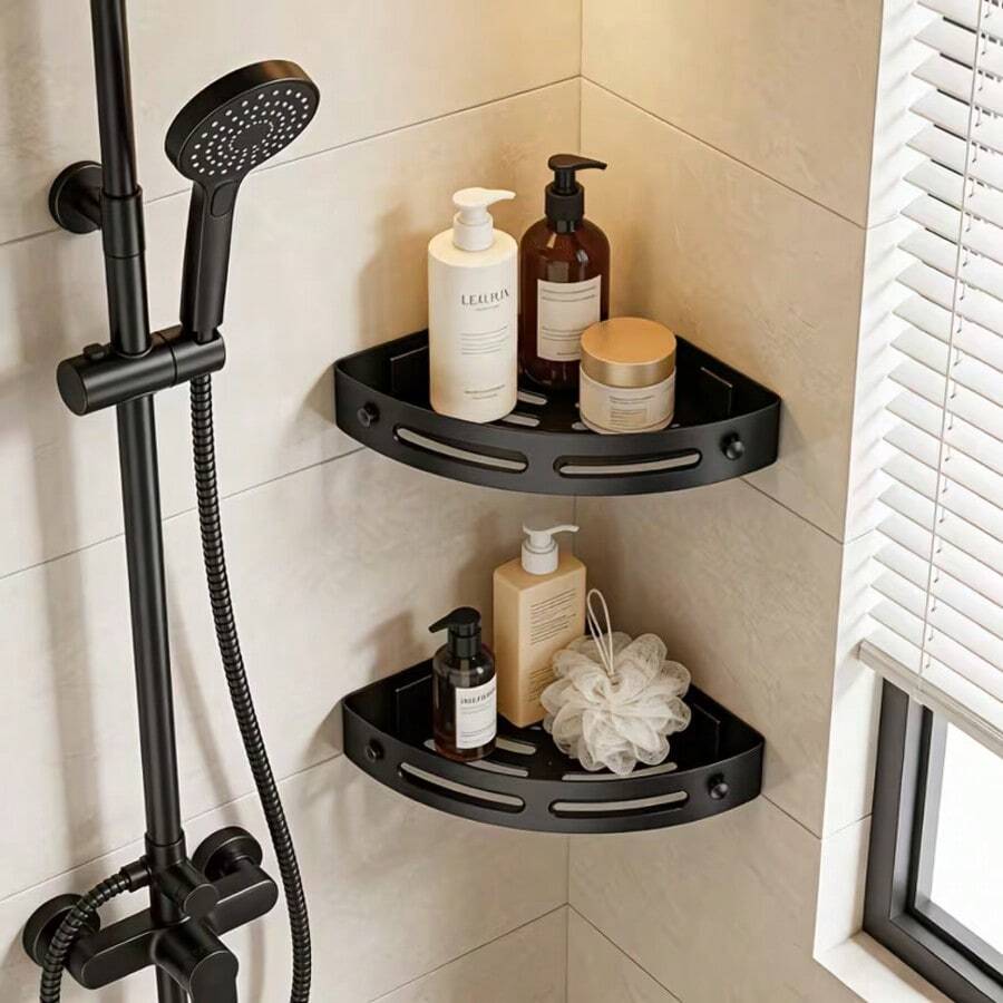 Drill-Free Double-Tier Bathroom Corner Shelf; Rust-Resistant Aluminum Bathroom Corner Storage Rack With Hook-And-Drain Design; Ideal For Storing Shampoo, Soap, And Other Bath Products