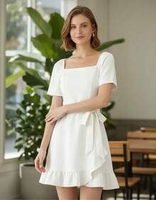 Vestido Corto Casual Ajustado De Mujer De Color Puro - Blanco - Ver 4