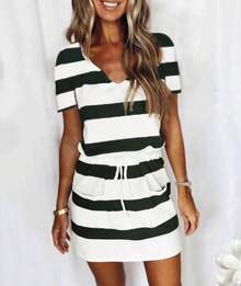 Nuevo Vestido de Verano Europeo y Americano para Mujer, Superventas Transfronterizo, con Cordón Ajustable, Falda Corta y Manga Corta a Rayas - Rosa - Ver 8