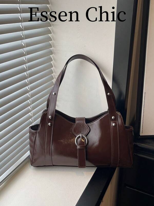 1pc Coffee Brown Summer New Fashion Strap Decor Large Capacity Solid Color PU Tote Bag Women Shoulder Bag