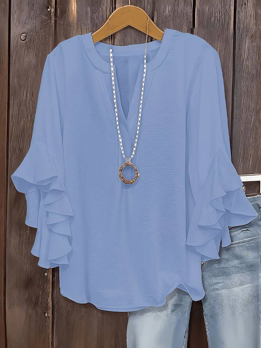 Size - Size - Women's Blouse With Ruffles And Three-Quarter Sleeves, Solid Color, Casual Loose Fashion, V-Neck, For Business - 淺灰色 - 查看 1