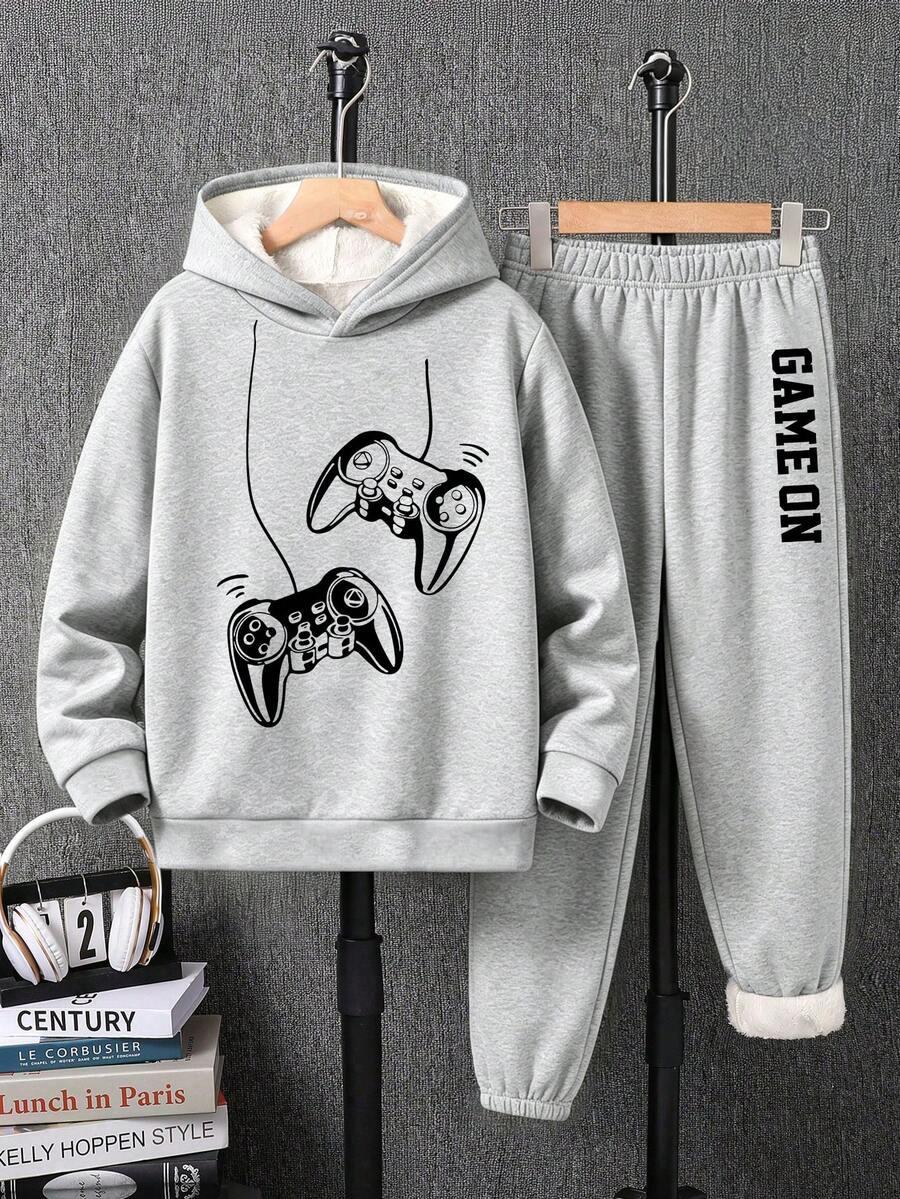2pcs/Set Boys Cartoon Print Warm Hoodie And Sweatpants Set - Grey - View 1
