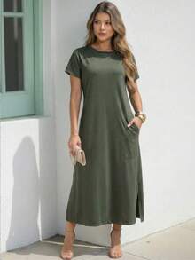 Women's Loose-Fitting Midi Dress With Pockets: Comfort And Elegance For Everyday Winter Wear - 橄欖綠 - 查看 10