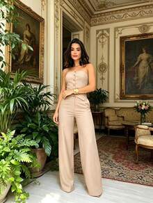 Tailored Set: Sensual Pants And Strapless Blouse With Buttons - Perfect For New Year's, Christmas, Summer, And Vacation - 香檳色 - 查看 1