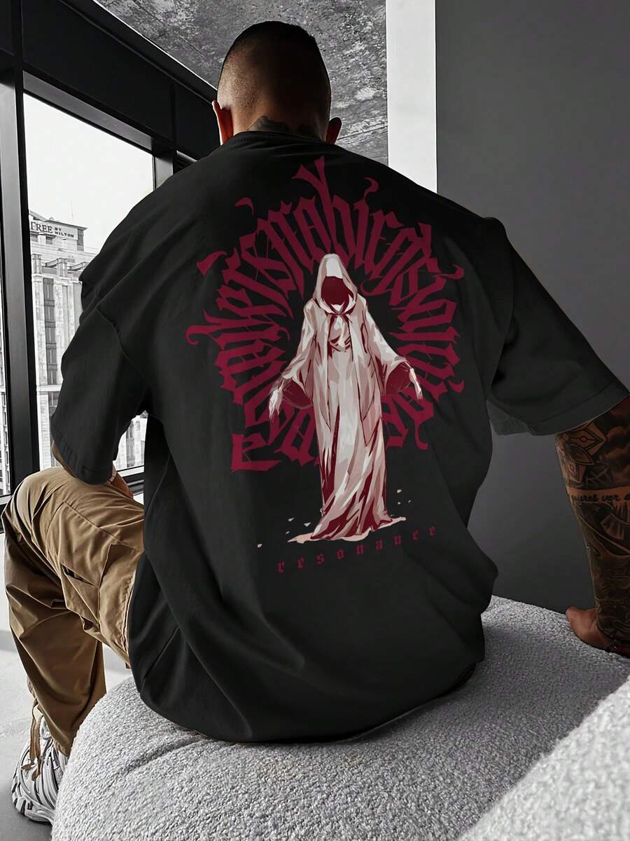 Herren Streetwear Lässig Kurzarm-Hemd für den Sommer - Rundhals Regular Fit mit Brustdruck, heißer Artikel - Schwarz - Übersicht 1