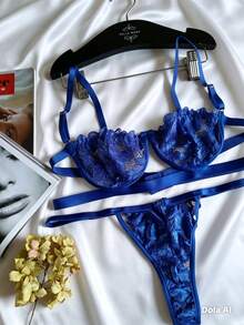 Conjunto lingerie gringa renda   Floral    Clássico Sexy    Renda    Detalhe da taça  Costas nuas / sem costas - Azul Royal - Visão 2