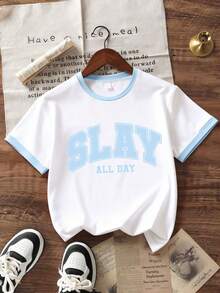 2pcs/Set Girls Round Neck Short Sleeve T-Shirt With Simple English Graphic, Paired With Casual Shorts, Summer New Comfortable Outfit - Baby Blue - View 3