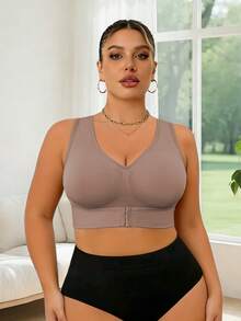 3pcs Plus Size Side-Pull Front Closure Bra, 3-In-1 Side-Boob Support & Anti-Spreading Lift, Breathable & Non-Stuffy, High Elastic Fabric, Removable Pads, Suitable For Daily Wear And Sports - Apricot - View 4