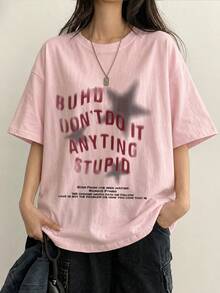 Women's Casual Loose Fit Round Neck Letter & Star Print Short Sleeve T-Shirt, Versatile For Spring/Summer - Baby Pink - View 2