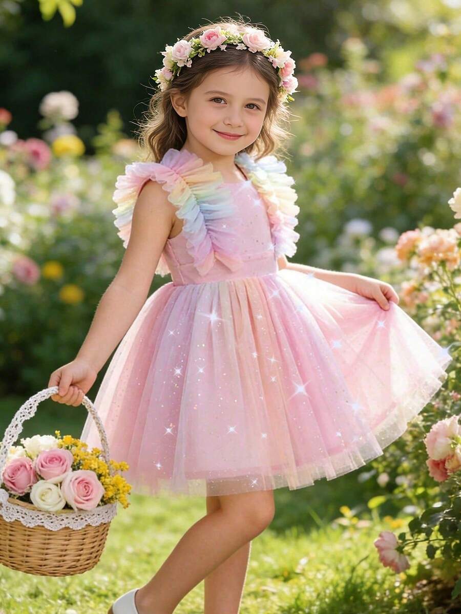 優雅粉色可愛荷葉邊網紗公主裙 女孩款 生日派對 婚禮 晚禮服 度假穿搭 - 淺粉色 - 查看 1