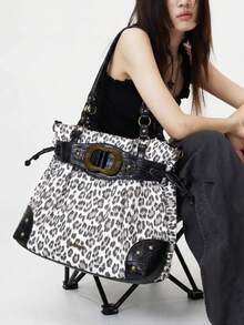 Leopardenmuster Vintage Tragetasche, Y2K Retro Schnallen Schultertasche, Große Kapazität Pendler Boho Handtasche, Geeignet für den täglichen Gebrauch - Braun - Übersicht 8
