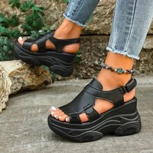 Women's Soft Sole Thick Bottom Sandals Round Toe Breathable Hollow Out Adjustable Hook And Loop Strap Casual Walking Shoes Height Increasing Slimming Wedge Heel High Heel Shoes - Black - View 4