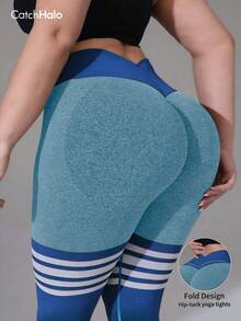 Plus Size Women's Colorblock Striped Yoga Pants, Seamless, High Waist, Abdomen Shaping, Butt Lifting, High Elasticity, Fitness Workout Running Sports - 漫遊藍 - 查看 5
