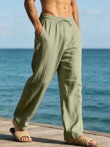 Pantalones largos casuales sueltos de lino tejido liso para hombres, adecuados para primavera/otoño y verano - Verde militar - Ver 1